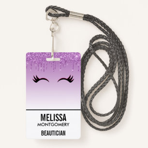 Stylish Pink & Black Eyelashes on Dripping Glitter ID Badge