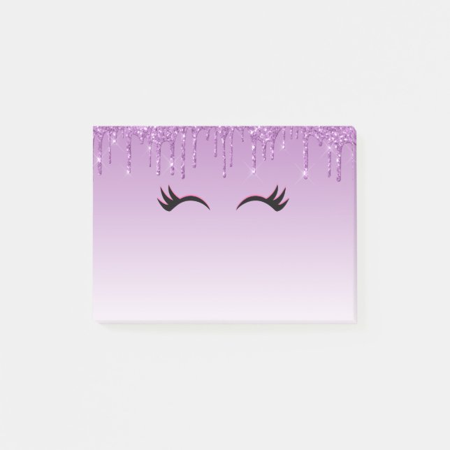 Stylish Pink & Black Eyelashes on Dripping Glitter Post-it Notes (Front)