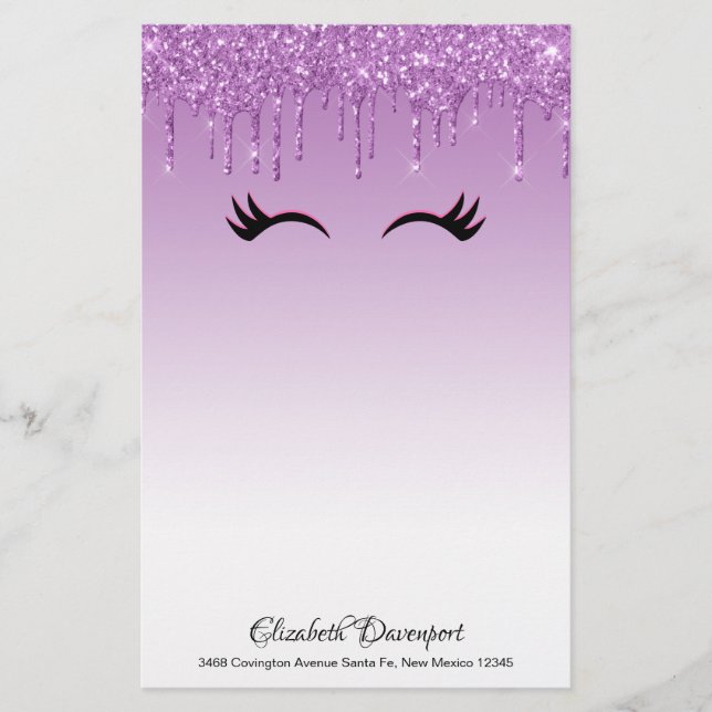 Stylish Pink & Black Eyelashes on Dripping Glitter Stationery (Front)