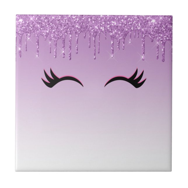 Stylish Pink & Black Eyelashes on Dripping Glitter Tile (Front)