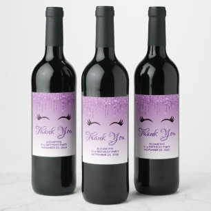 Stylish Pink & Black Eyelashes on Dripping Glitter Wine Label