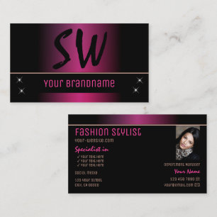 Stylish Pink Black Modern with Monogram and Photo Business Card
