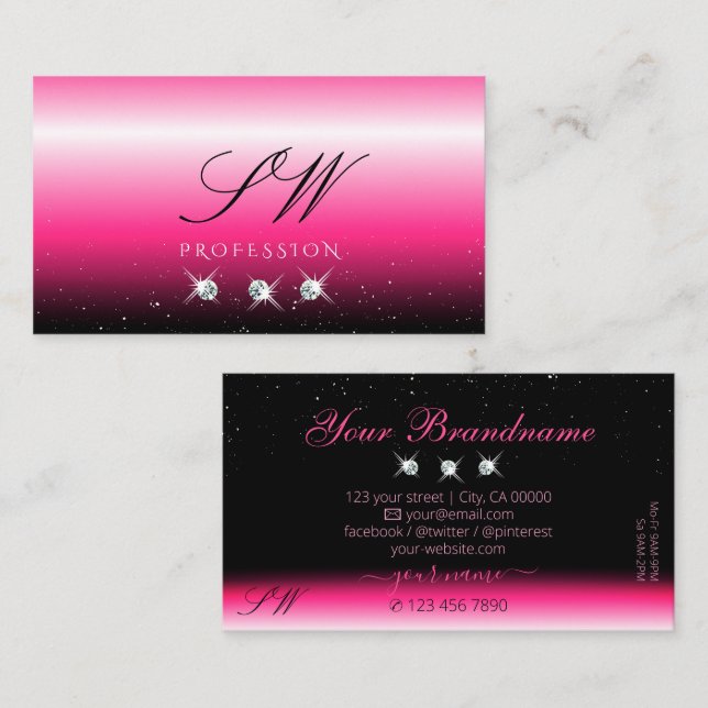 Stylish Pink Black Ombre Sparkle Diamonds Initials Business Card (Front/Back)