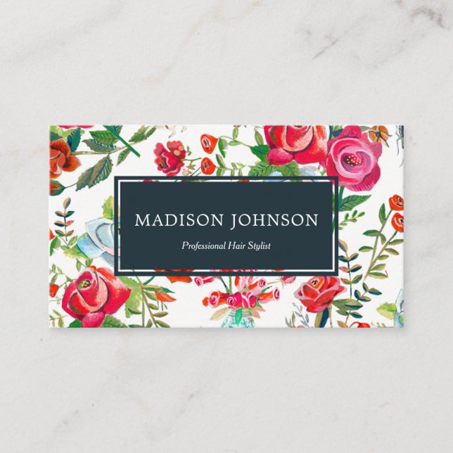 Stylish Pink & Black Rose Floral Pattern Business Card (Front)