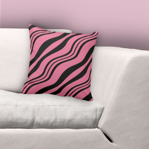Stylish Pink & Black Wavy Lines Pattern Cushion