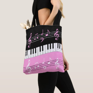 Stylish pink Black White Piano Keys and Notes Tote Bag