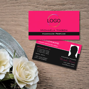 Stylish Pink Black with Logo & Photo Professional Business Card