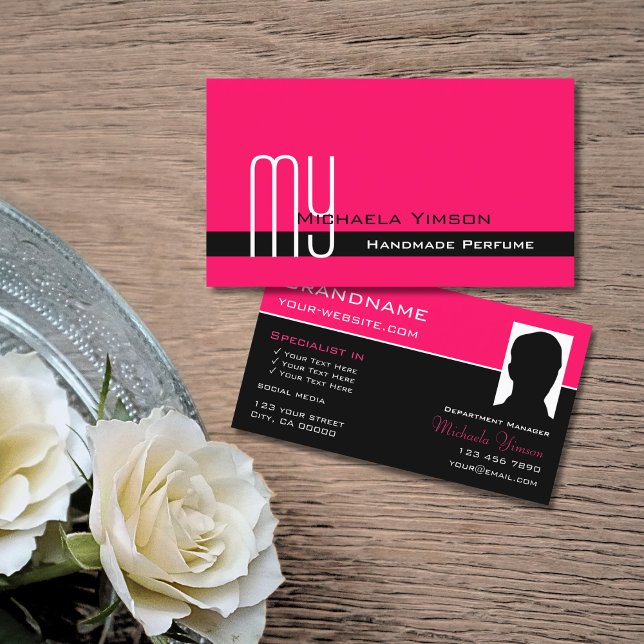 Stylish Pink Black with Monogram and Photo Classic Business Card (Creator Uploaded)