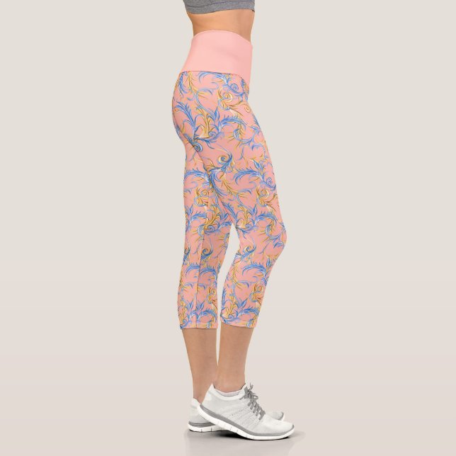 Stylish Pink Blue Arabesque Pattern Yoga Exercise Capri Leggings (Right)
