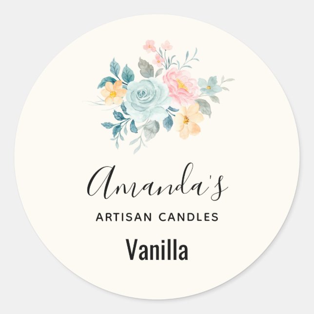 Stylish Pink & Blue Flower Bouquet Candle Biz Classic Round Sticker (Front)