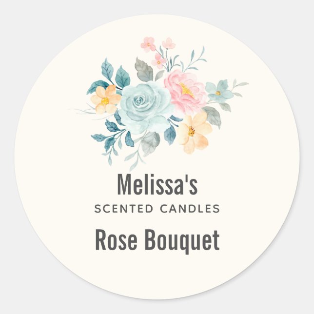 Stylish Pink & Blue Flower Bouquet Candle Biz Classic Round Sticker (Front)