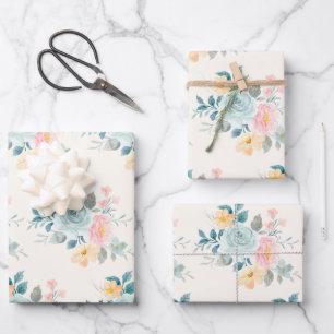 Stylish Pink & Blue Flower Bouquet Wrapping Paper Sheet