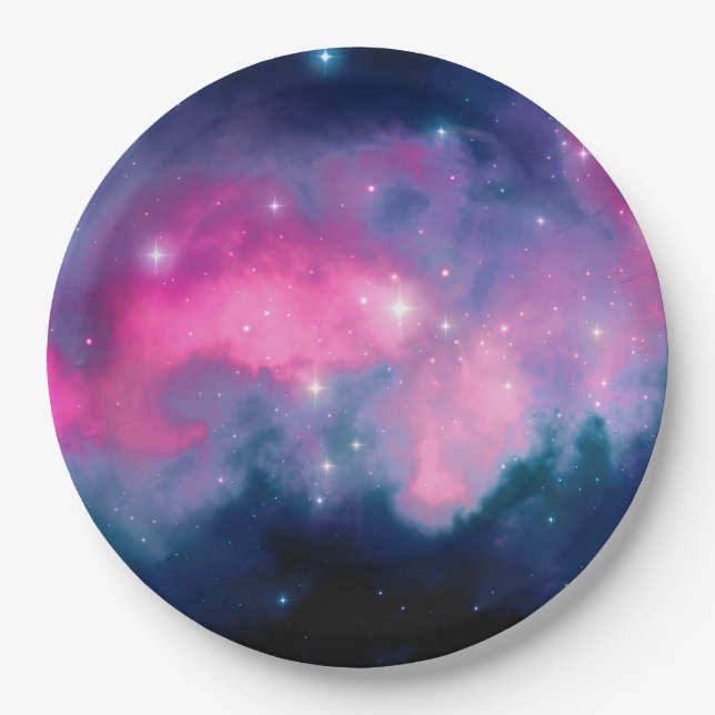 Stylish Pink & Blue Galaxy Stars Abstract Paper Plate (Front)