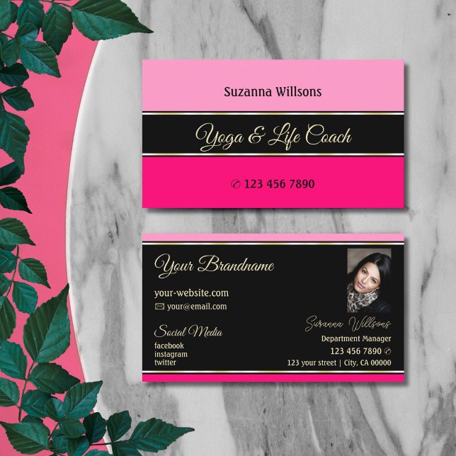 Stylish Pink Borders on Black Modern with Photo Business Card (Creator Uploaded)
