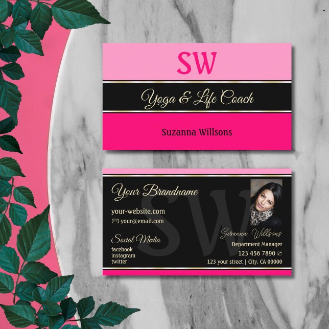 Stylish Pink Borders on Black with Monogram Photo Business Card (Creator Uploaded)