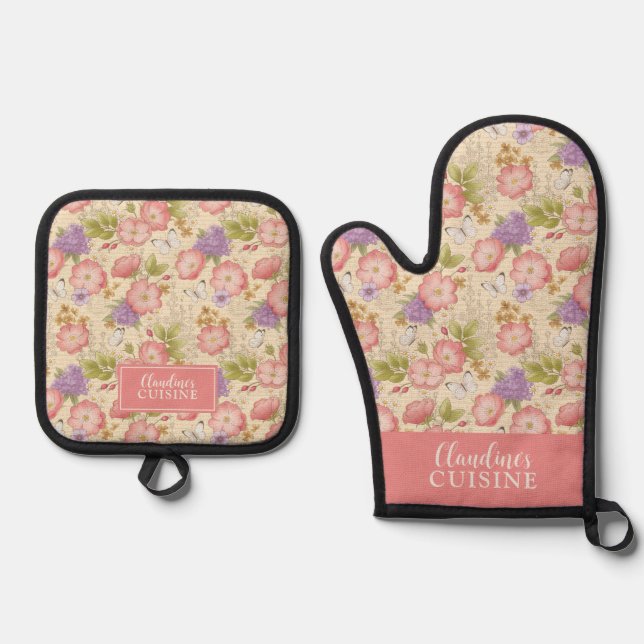 Stylish Pink Botanical Floral Pattern Oven Mitt & Pot Holder Set (Front)