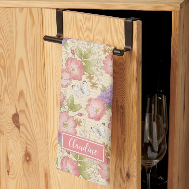 Stylish Pink Botanical Floral Pattern Tea Towel (Thirds Fold)