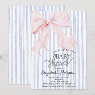 Stylish Pink Bow Blue Striped Baby Shower Invitation