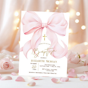 Stylish Pink Bow Gold Cross Dots Baptism Invitation