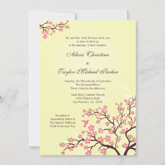 Stylish pink cherry blossoms wedding invitation (Front)