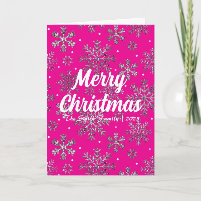 Stylish Pink Christmas Card w/ Elegant Snowflakes (Front)