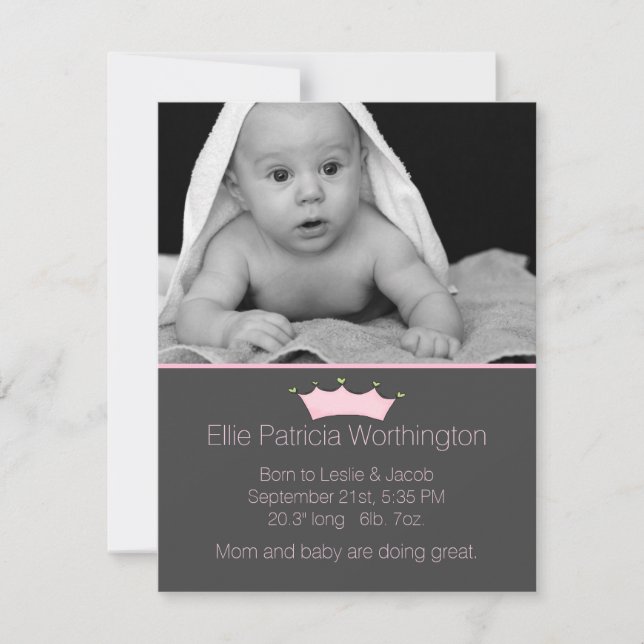 Stylish Pink Crown Baby Girl Birth Announcement (Front)