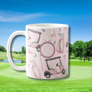 Stylish Pink Feminine Golf Design Custom Monogram Coffee Mug