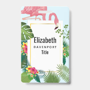 Stylish Pink Flamingo and Tropical Leaves ID Badge