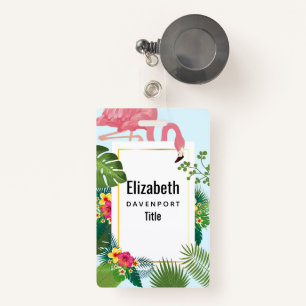Stylish Pink Flamingo and Tropical Leaves ID Badge