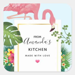 Stylish Pink Flamingo and Tropical Leaves Kitchen Square Sticker