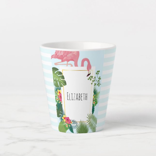 Stylish Pink Flamingo and Tropical Leaves Latte Mug (Front)