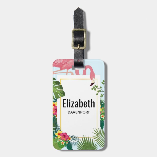 Stylish Pink Flamingo and Tropical Leaves Luggage Tag (Front Vertical)