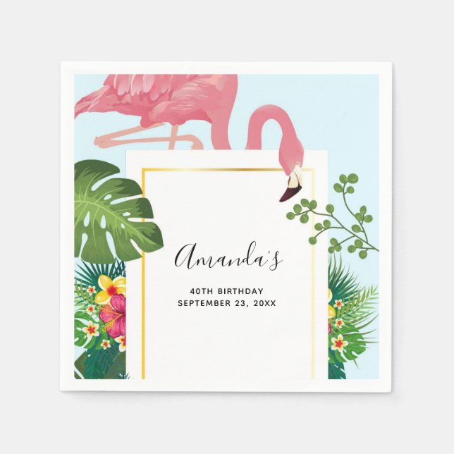 Stylish Pink Flamingo and Tropical Leaves Napkin (Front)
