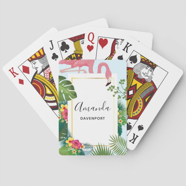 Stylish Pink Flamingo and Tropical Leaves Playing Cards (Back)