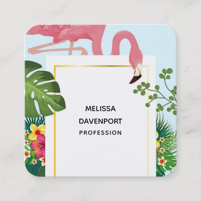 Stylish Pink Flamingo and Tropical Leaves Square Business Card (Front)