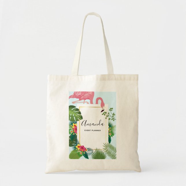 Stylish Pink Flamingo and Tropical Leaves Tote Bag (Front)