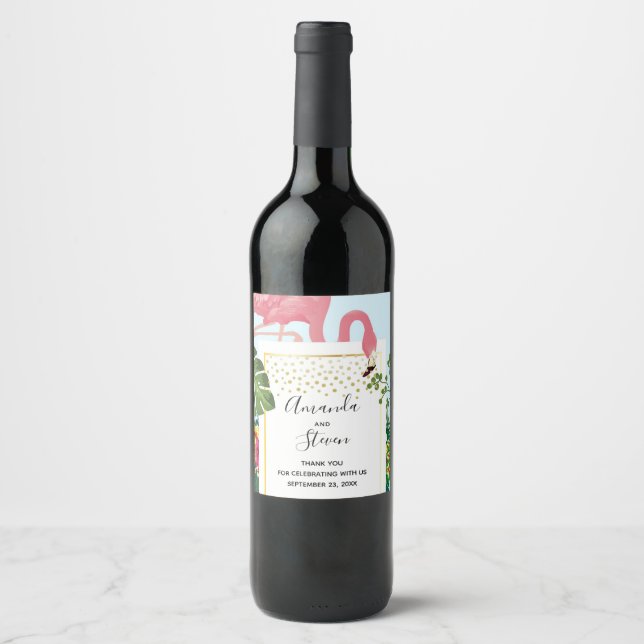 Stylish Pink Flamingo and Tropical Leaves Wedding Wine Label (Front)