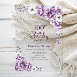Stylish Pink Floral 100th Birthday Party Acrylic Invitations
