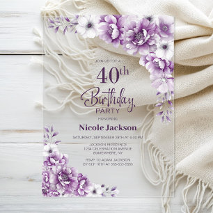 Stylish Pink Floral 40th Birthday Party Acrylic Invitations