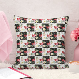 Stylish pink floral black & white chequerboard cushion