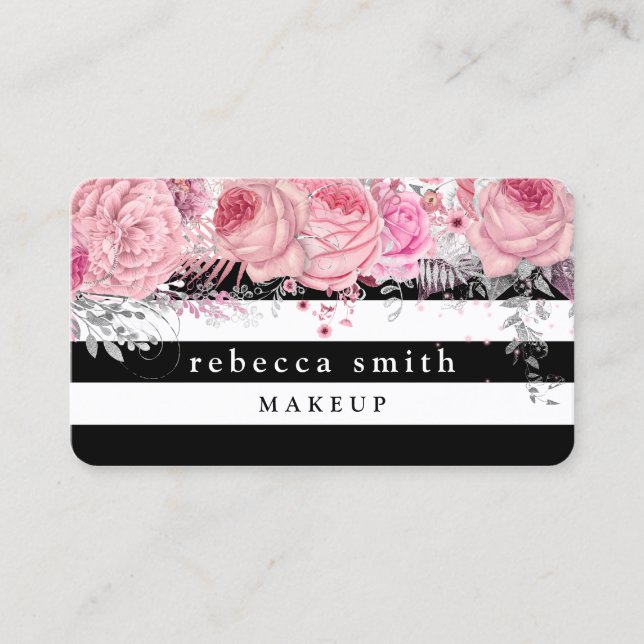 Stylish pink floral black white stripes makeup business card (Front)