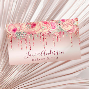 Stylish pink floral glitter drips makeup & hair business card