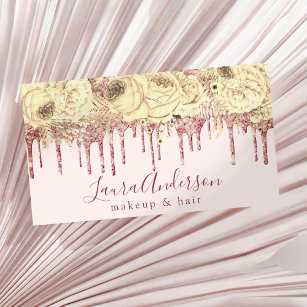 Stylish pink floral glitter drips makeup & hair  business card