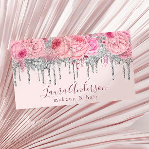 Stylish pink floral glitter drips makeup & hair  business card
