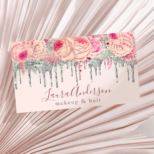 Stylish pink floral glitter drips makeup & hair  business card