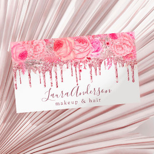 Stylish pink floral glitter drips makeup & hair business card