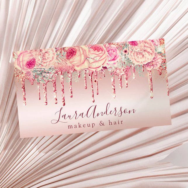 Stylish pink floral glitter drips makeup & hair business card (Creator Uploaded)