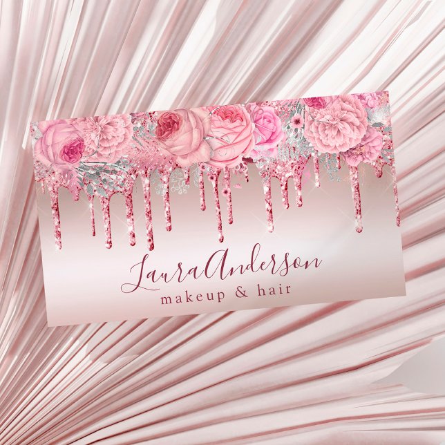 Stylish pink floral glitter drips makeup & hair business card (Creator Uploaded)