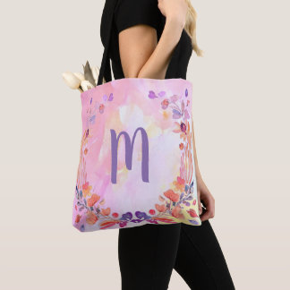 Stylish Pink Floral Monogram Design Tote Bag