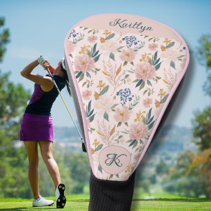 Stylish Pink Floral Name Monogram Golf Head Cover
